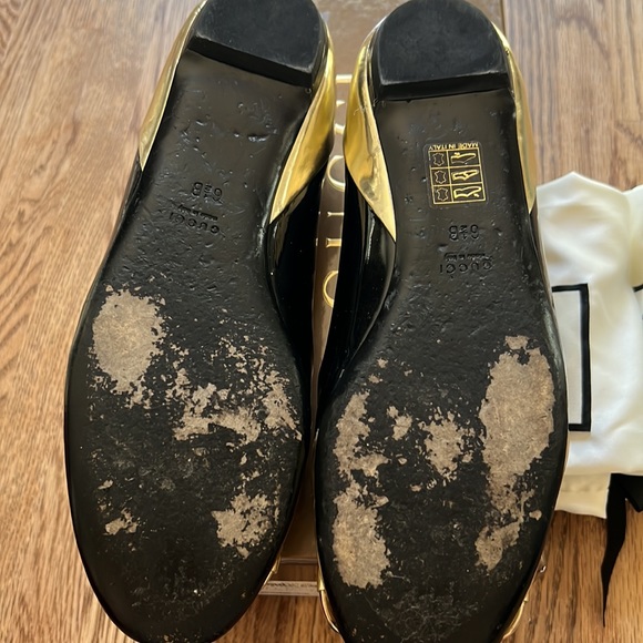 Gucci Moca Pelle Cuoio Nero/ Plati VIT. Vernice Soft/ Miroir Flats Size 6.5 - Picture 7 of 9
